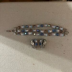 Silver-Tone Blue and Iridescent Beaded Bracelet & Clip-On Earring Set